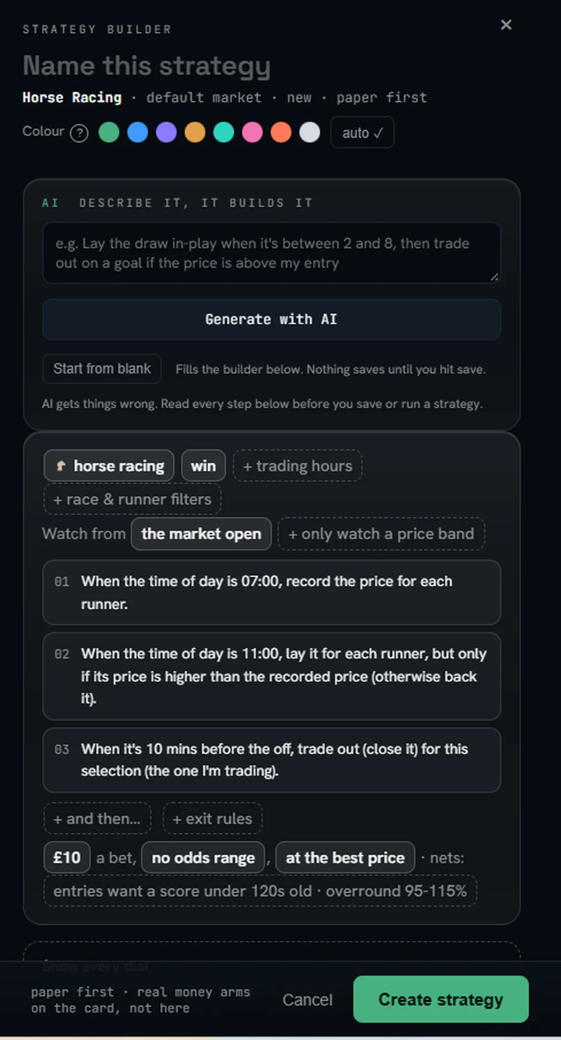 BetBot strategy builder showing an AI-generated horse racing build: time-of-day price recording, back or lay conditions, trade out before the off, £10 stakes, overround 95 to 115 percent, paper first