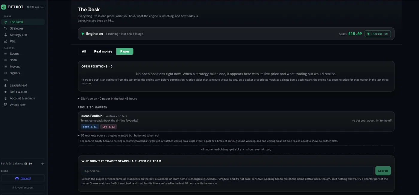 BetBot The Desk screen: engine status, open positions panel, the About to happen radar showing 62 markets watched, and the Why didn't it trade search box