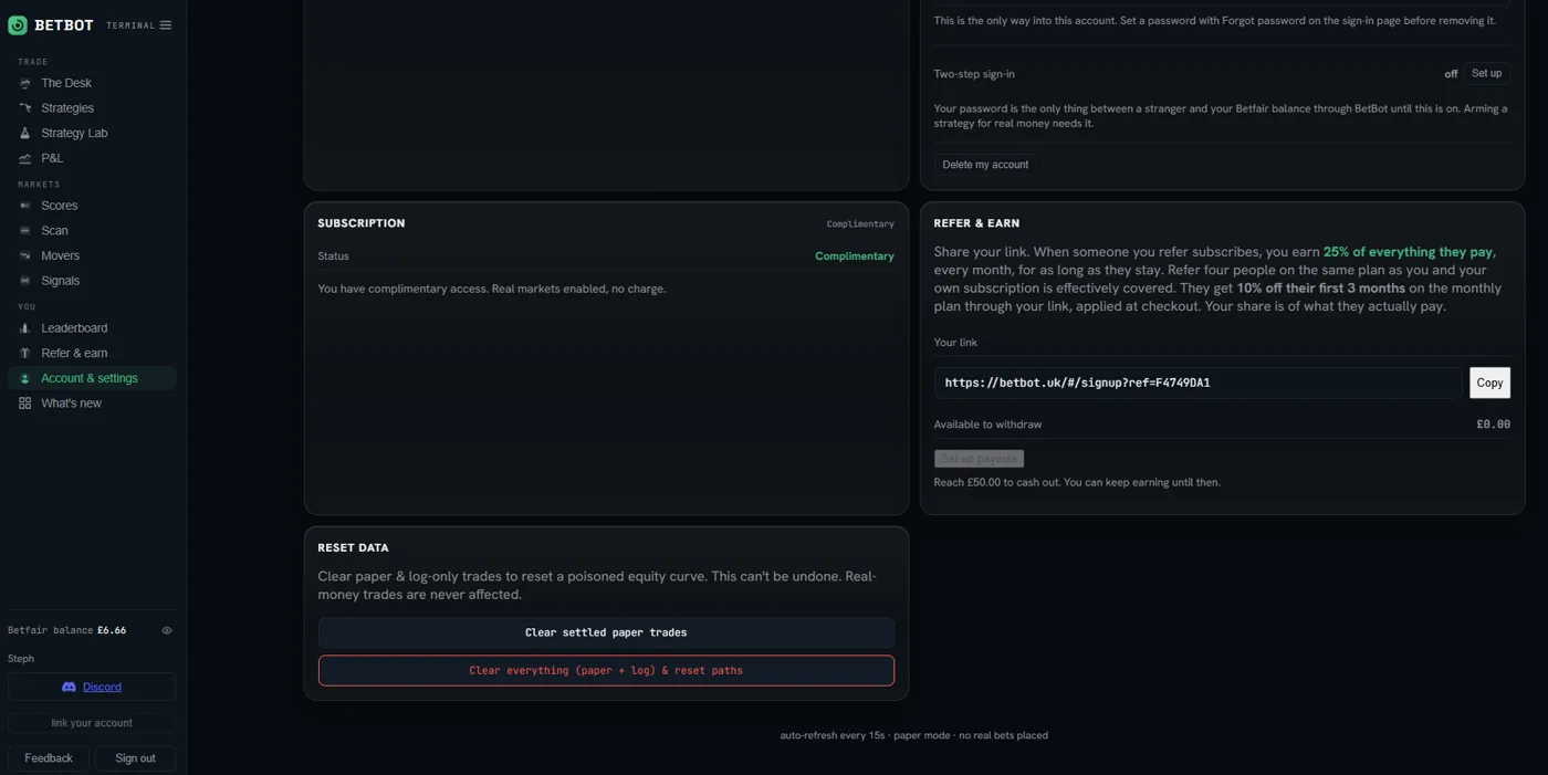 BetBot subscription page: complimentary access with real markets enabled and no charge, a warning that arming a strategy for real money needs two-step sign-in, and reset data options
