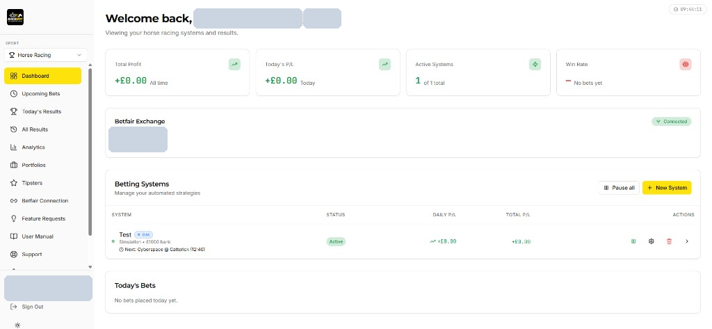 RaceBot dashboard showing profit stat cards, a connected Betfair Exchange card and the Betting Systems table with a simulation system — personal details redacted