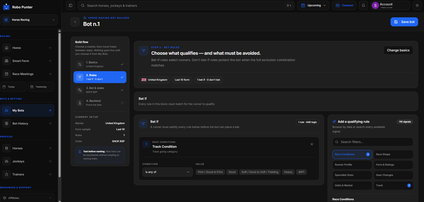 Robo Punter bot builder, step 2: qualifying bet-if rules, including a track going condition and a searchable list of race and form filters