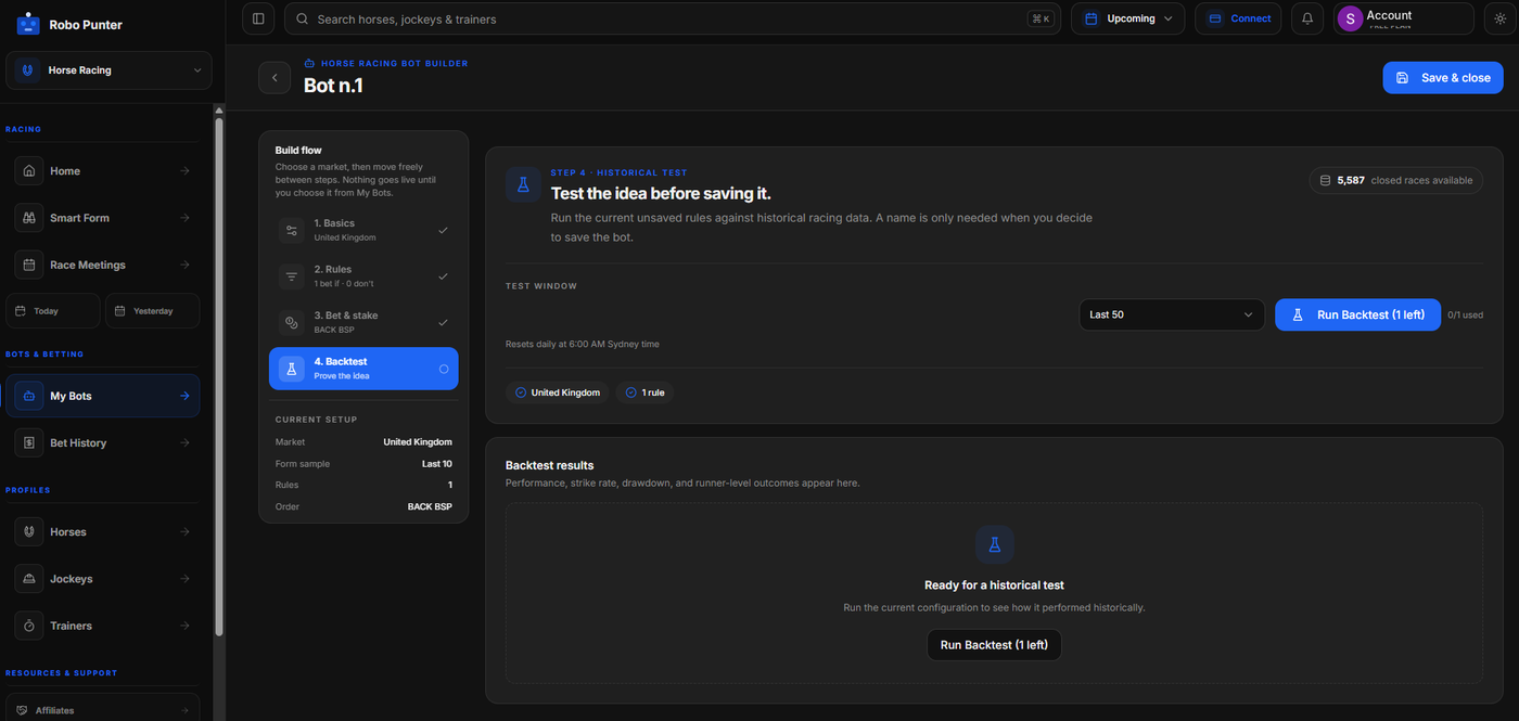 Robo Punter bot builder, step 4: historical backtest on recorded UK horse races, last-50 window, one free daily backtest remaining and an empty results panel