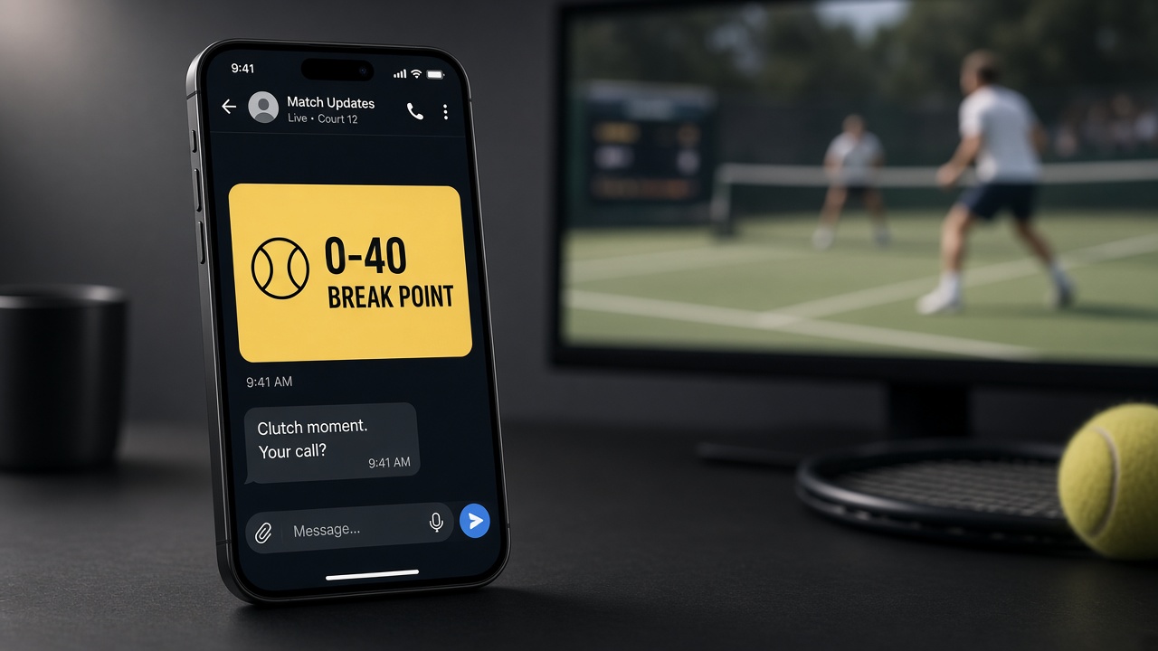 Phone on a trader desk showing a 0–40 tennis break-point Telegram alert while a live match plays on a monitor