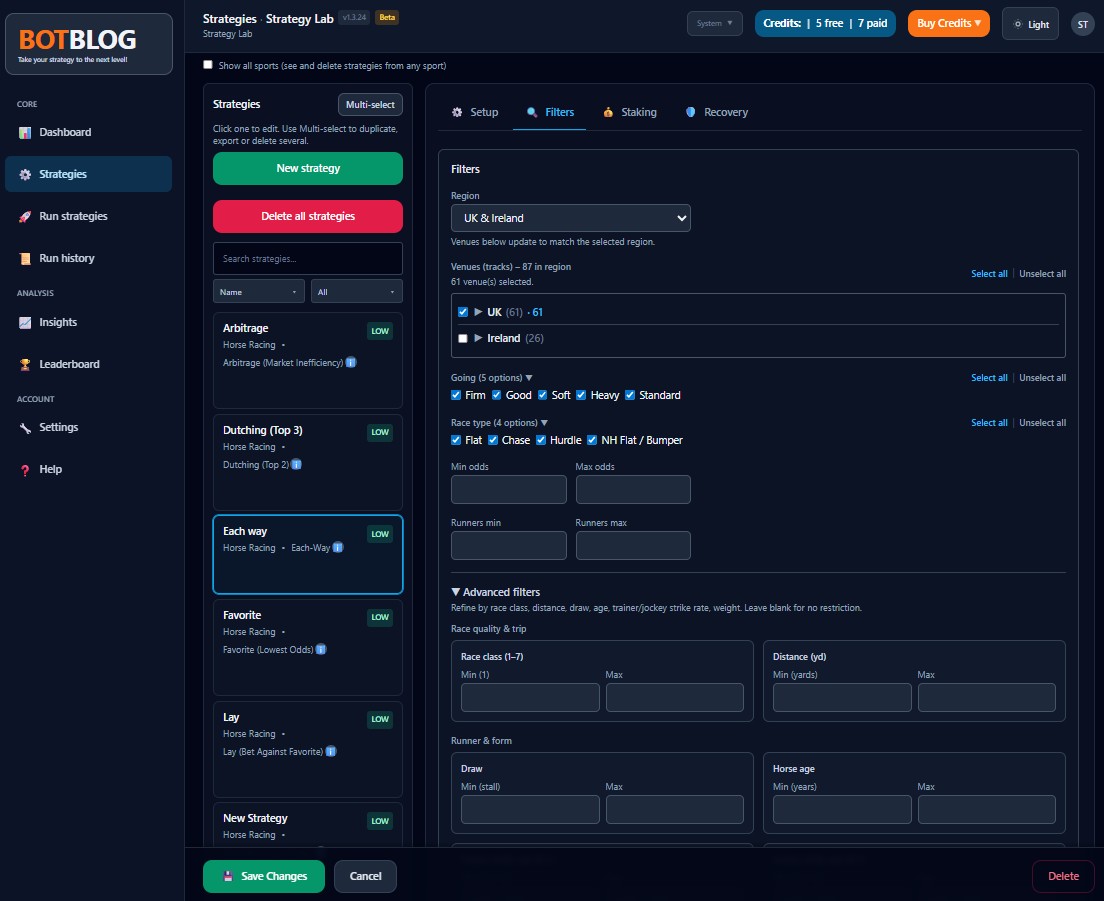 Strategy Lab strategies - horse racing system filters and templates